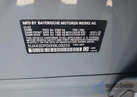 2022 BMW X3 Sdrive30I из США, поврежденный, VIN 5UX43DP0XN9L09255